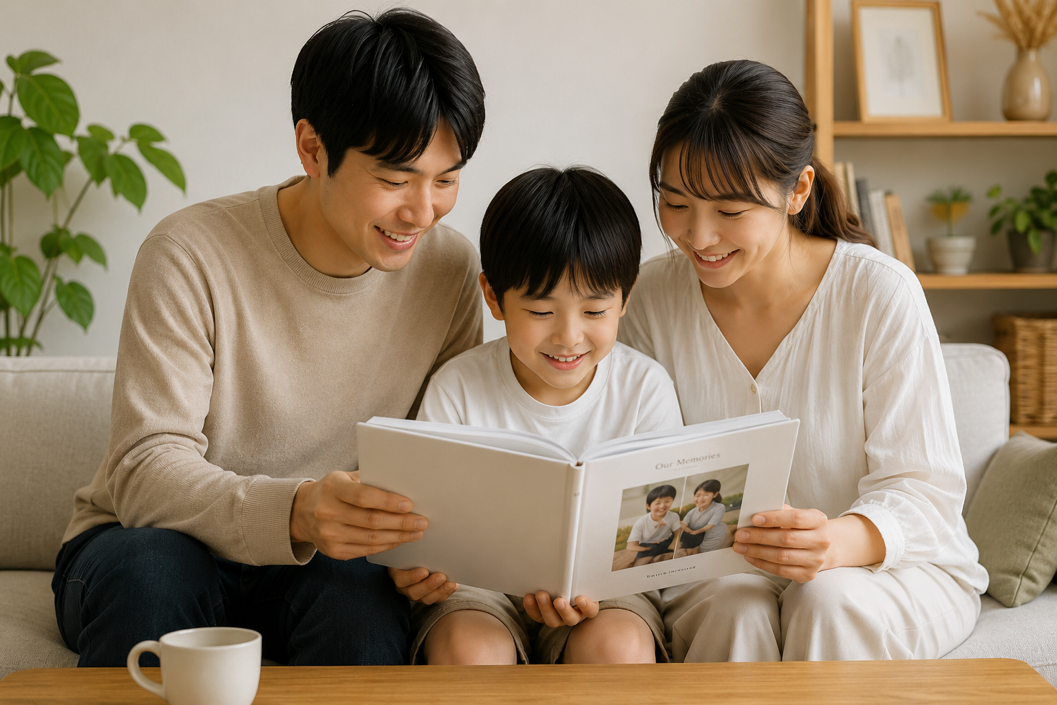 家族でフォトブックを見ています。